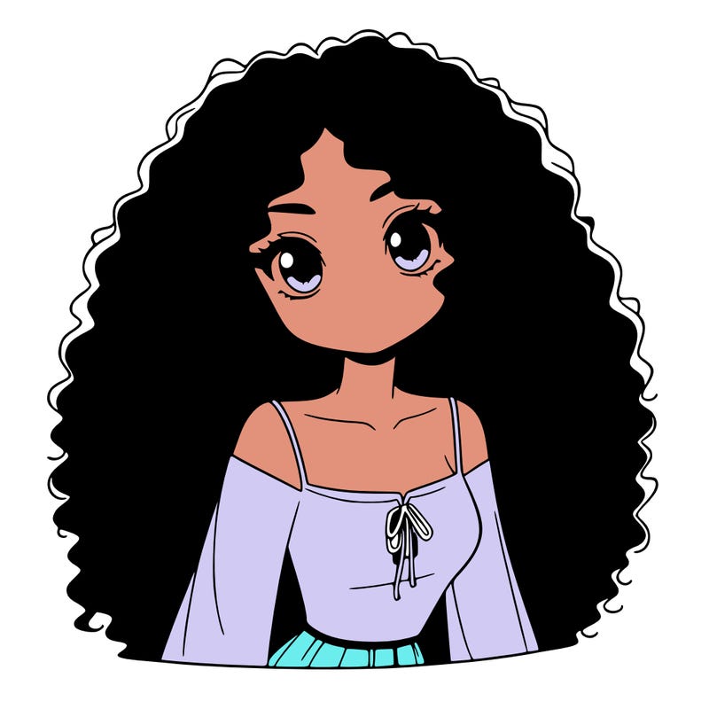 a black anime girl with long afro hair