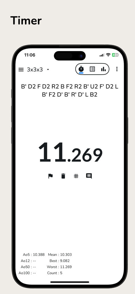 Last Cube X - Cube Timer - Una interfaz minimalista de temporizador de speedcube 3x3x3 que muestra un tiempo de resolución de 11,269 segundos con notación de scramble y estadísticas de sesión como Promedio de 5 y Récord Personal.