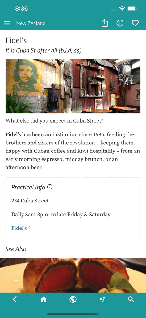 Una pantalla de la aplicación New Zealands Best que muestra una recomendación de restaurante para Fidels en Wellington