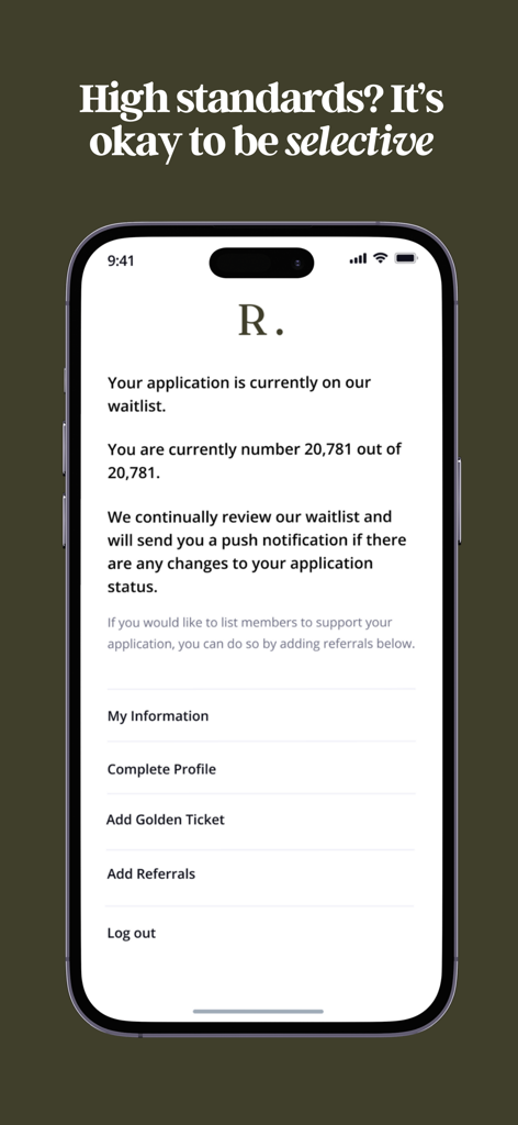 Reddi: The Matchmaking App - Pantalla de estado de lista de espera en la app de citas Reddi mostrando el número de solicitud en cola y mensajes de membresía selectiva