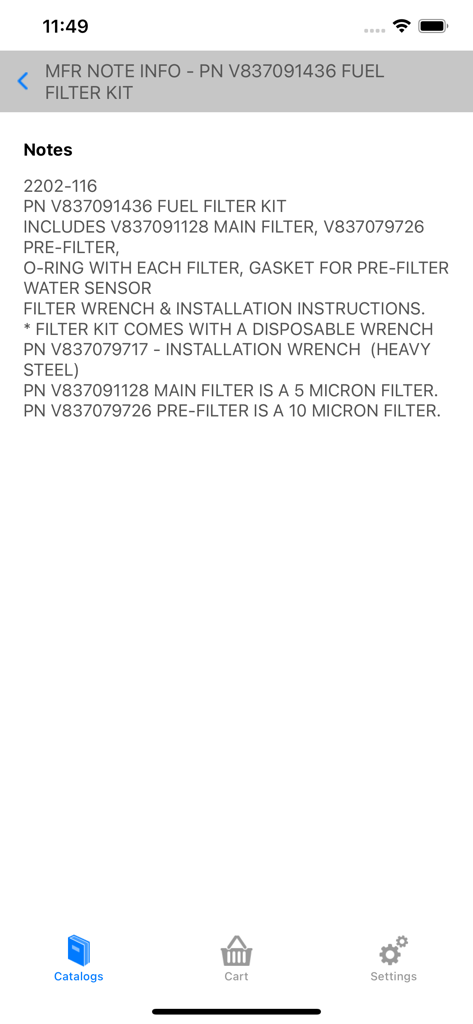 Manufacturer notes for a fuel filter kit in the AGCO parts app