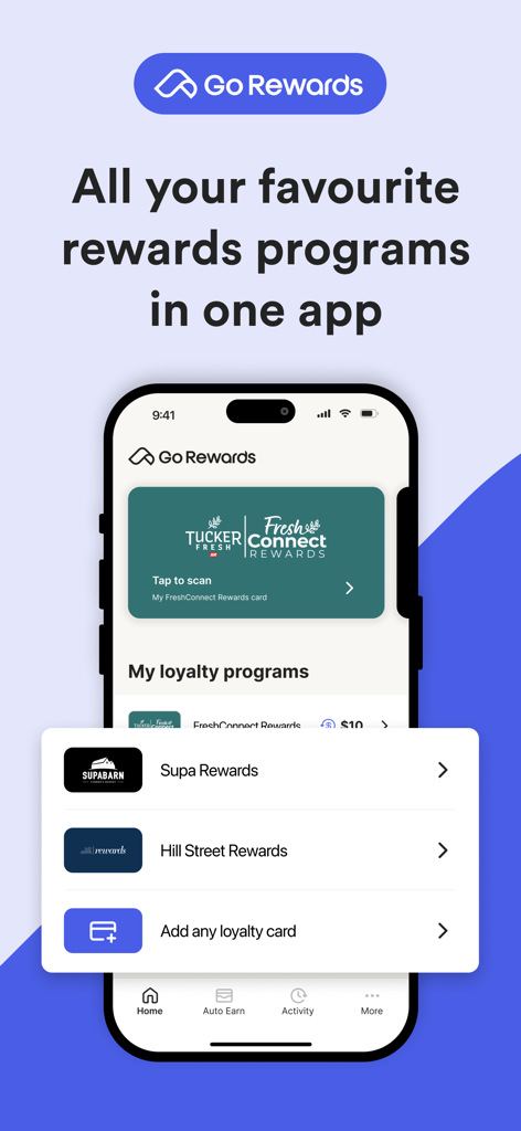 Go Rewards - Loyalty, Receipts - Go Rewardsアプリのインターフェース。複数の小売店に対応した統合デジタルロイヤルティカードウォレットを表示。