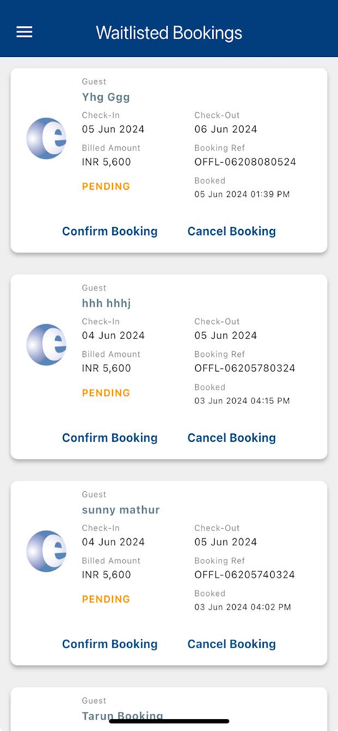 eGlobe PMS - Mobile interface of eGlobe PMS showing a list of pending guest bookings with check-in dates and management options.