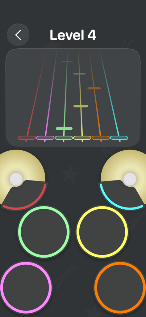 DrumDrum - Drums for kids - DrumDrum kids app rhythm game interface showing level four with colorful drum pads