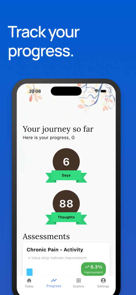 OCD.app user progress dashboard showing therapy statistics and improvement percentage