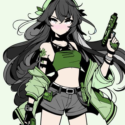 bad girl wearing crop top holding a gun long hair anime