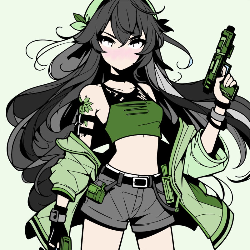 bad girl wearing crop top holding a gun long hair anime