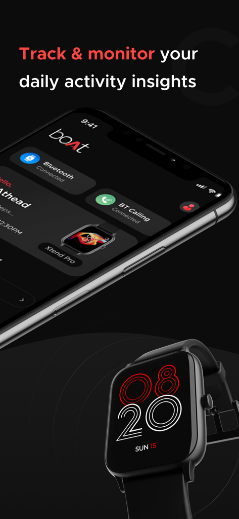 boAt Crest - 활동 추적 및 연결된 스마트워치를 보여주는 iPhone의 boAt Crest 앱 인터페이스