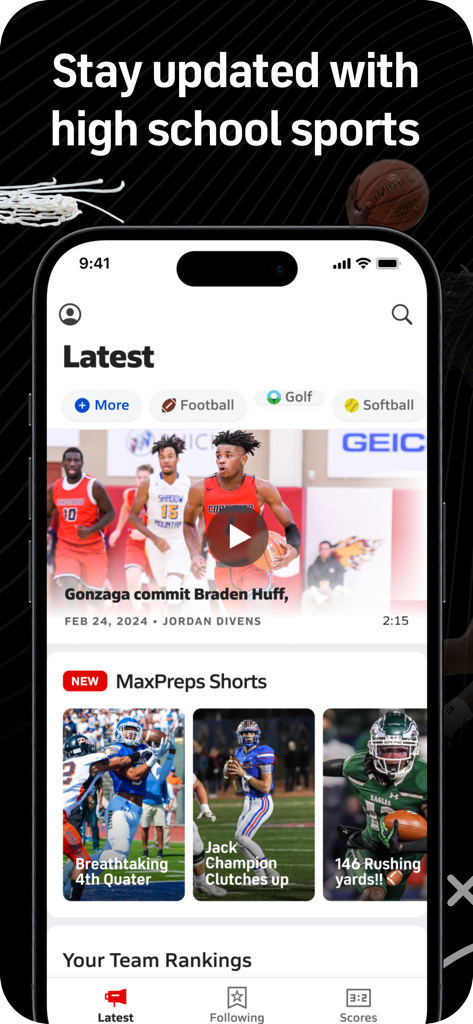 MaxPreps app home screen displaying high school sports news and video highlights