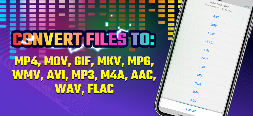 A screenshot of the Volume Booster app showing supported media conversion formats for audio and video files