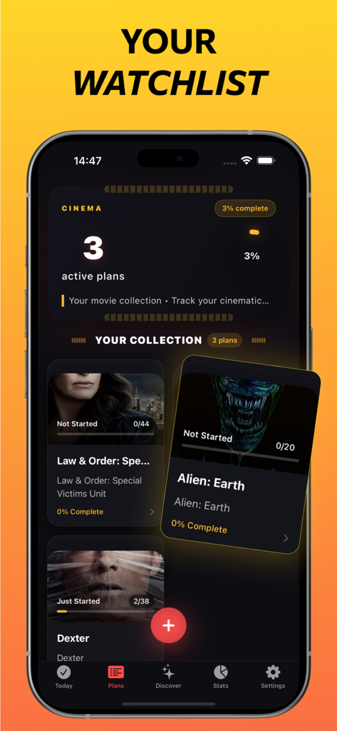 Un smartphone affichant l'écran de liste de surveillance de l'application Mi Magis avec des émissions de télévision suivies comme Law and Order et des barres de progression.