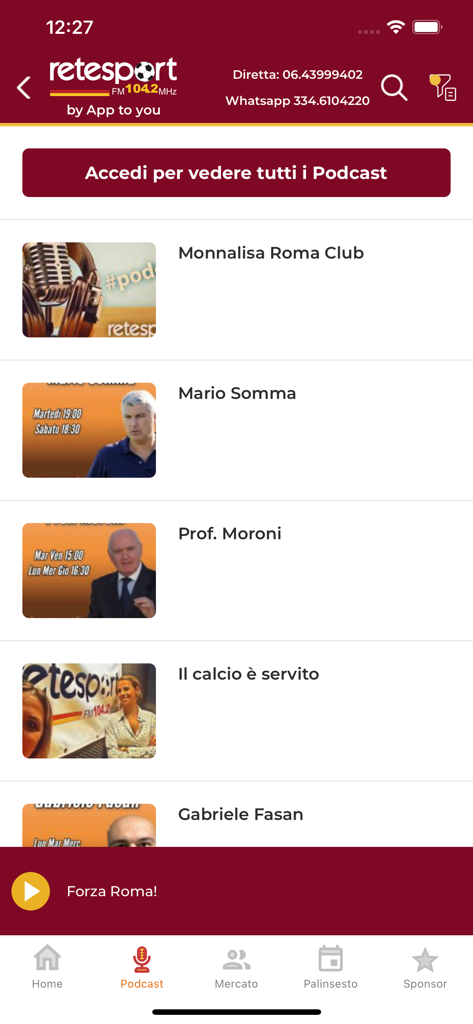 Elenco di podcast sportivi dell'AS Roma sull'app mobile Retesport