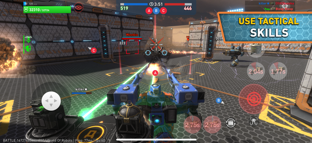 Futuristic mecha robot firing lasers in a tactical PvP battle arena
