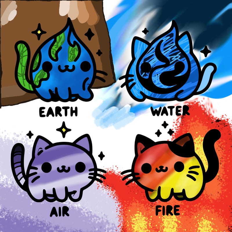 4 cats that represent the different elements, earth, water, air, and fire