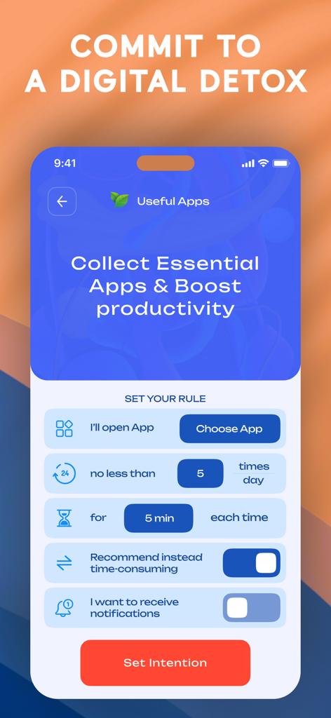 Interface of Screen Time Blocker app showing how to set specific app usage limits and digital detox intentions