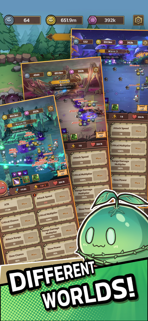 Slime Castle: Idle TD RTS Game - Slime Castle mobile game showing various battle maps and upgrade menus with a cute green slime character