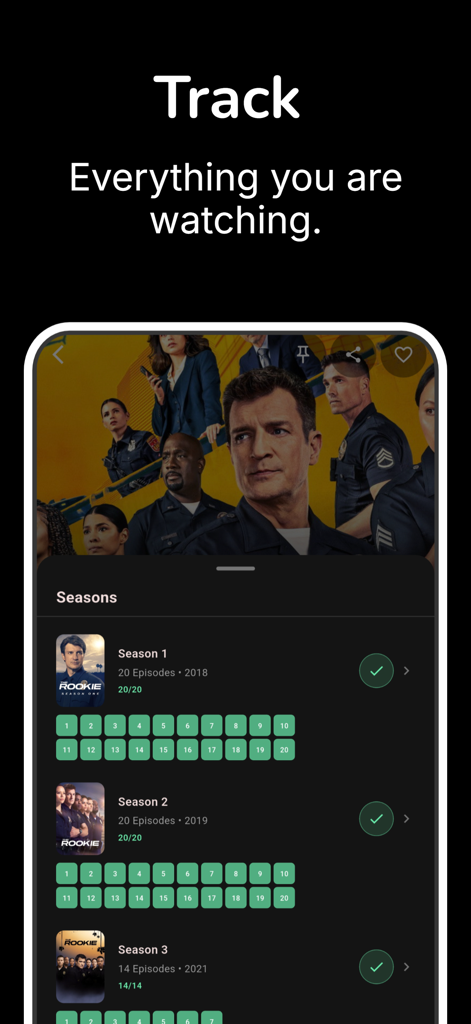 Cinefy - Where to Watch - Tela do aplicativo Cinefy mostrando o progresso de rastreamento para várias temporadas e episódios de uma série de TV