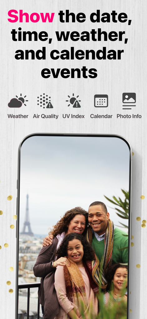 Digital Photo Frame Slideshow - Smartphone displaying a family photo with information overlays for weather and calendar events.