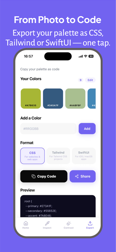 ColorAudit: Palette Extractor - Interface de l'application ColorAudit montrant une palette de couleurs en cours d'exportation sous forme de code CSS avec des options pour Tailwind et SwiftUI