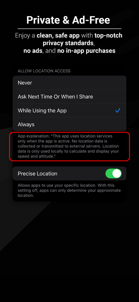 Speed Dash - Speed Dash app interface showing privacy commitment and iOS location permission settings.