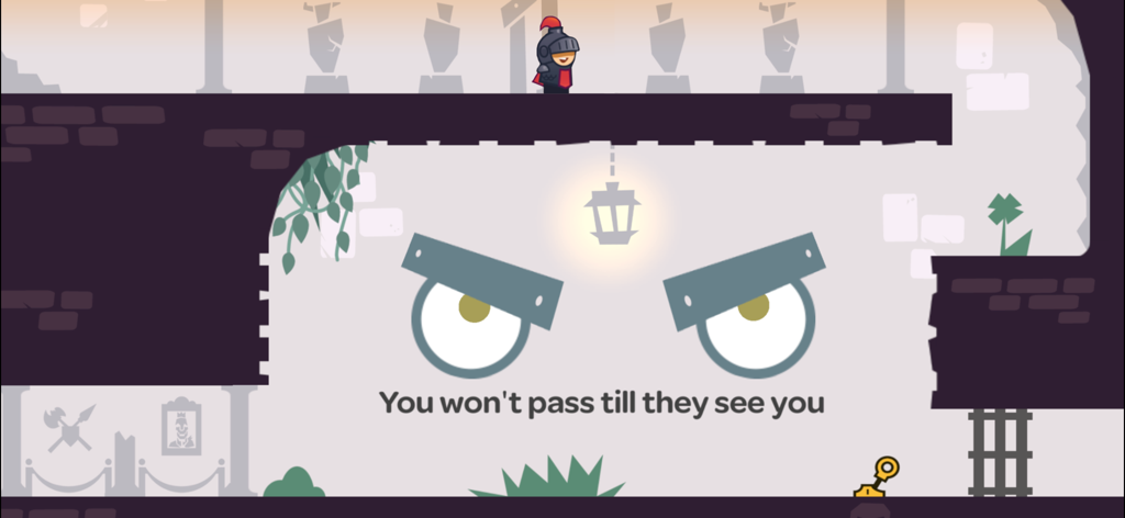 거대한 눈이 자신을 지켜보고 있다는 수수께끼에 직면한 기사를 보여주는 Tricky Castle의 2D 플랫포머 퍼즐 레벨