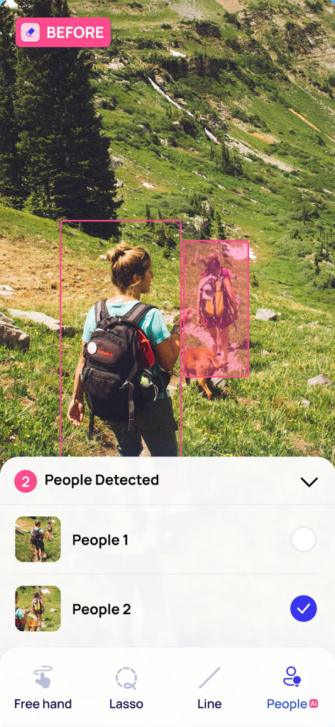 Photo Eraser - Remove Objects - KI-Personenerkennungs-Oberfläche in der Photo Eraser App, die Wanderer zeigt, die zur Entfernung ausgewählt wurden.