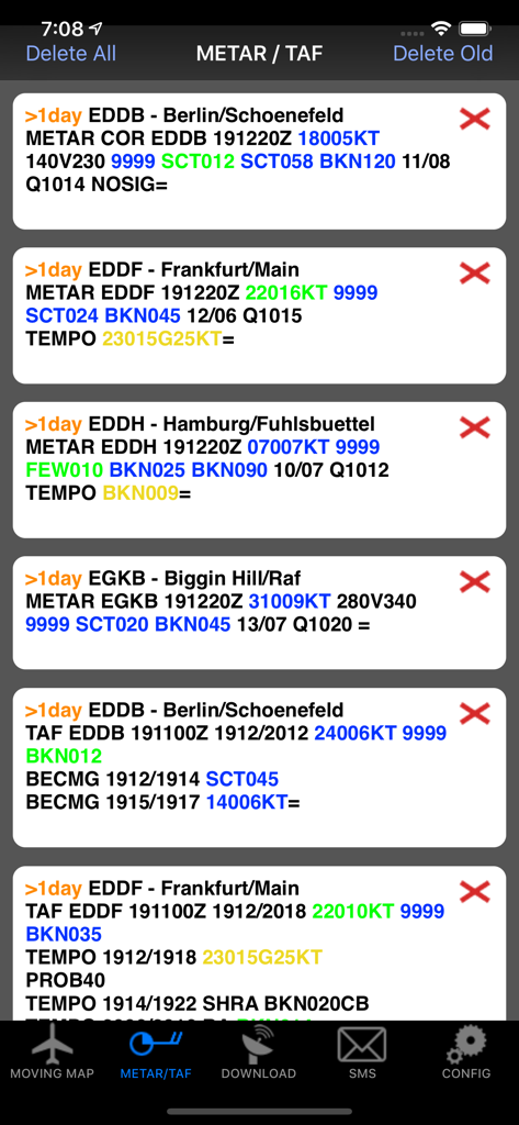 ADLConnect - A list of METAR and TAF aviation weather reports for various airports displayed in the ADLConnect app interface