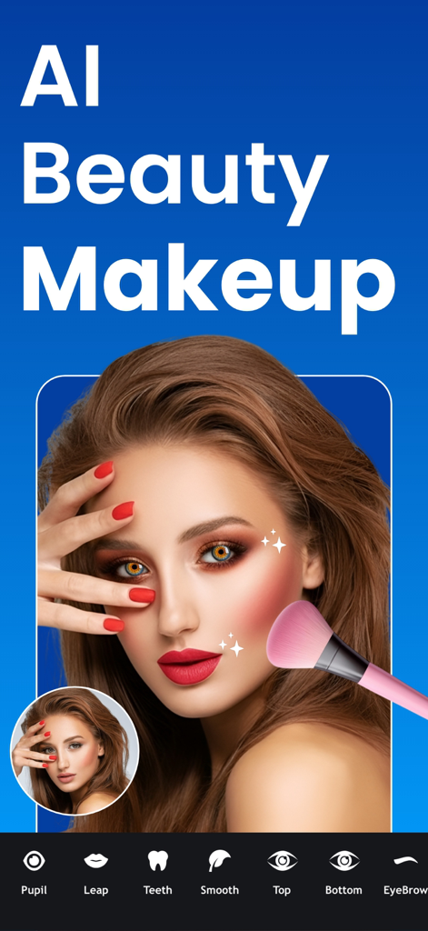 Body Tune - Beauty Face Editor - Interfaz de maquillaje de belleza con IA en la app Body Tune mostrando retoque facial y herramientas de edición cosmética.