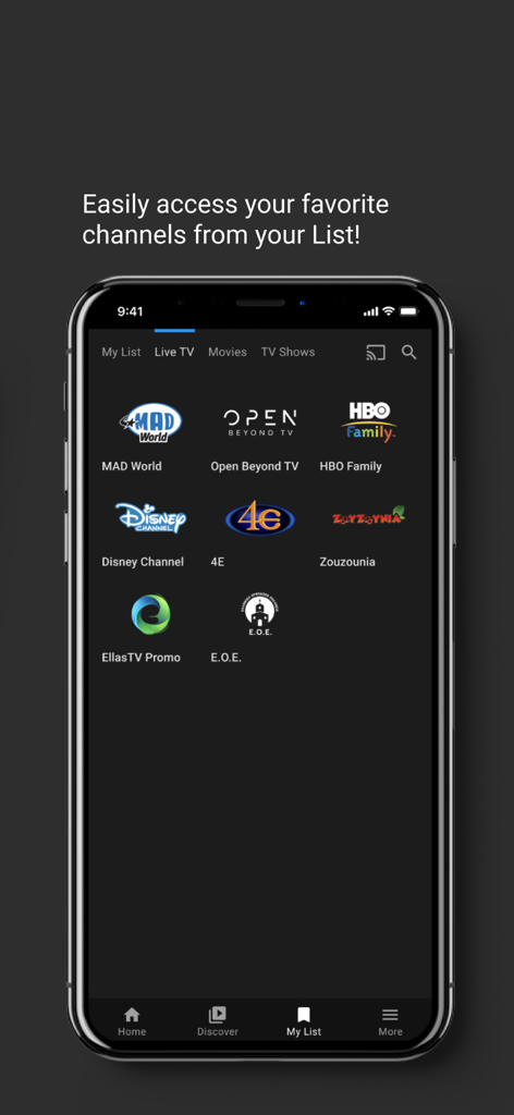 Ellas TV Max - Ellas TV Max app interface showing a personalized list of favorite channels including Greek and international networks like Disney Channel and Open Beyond TV.