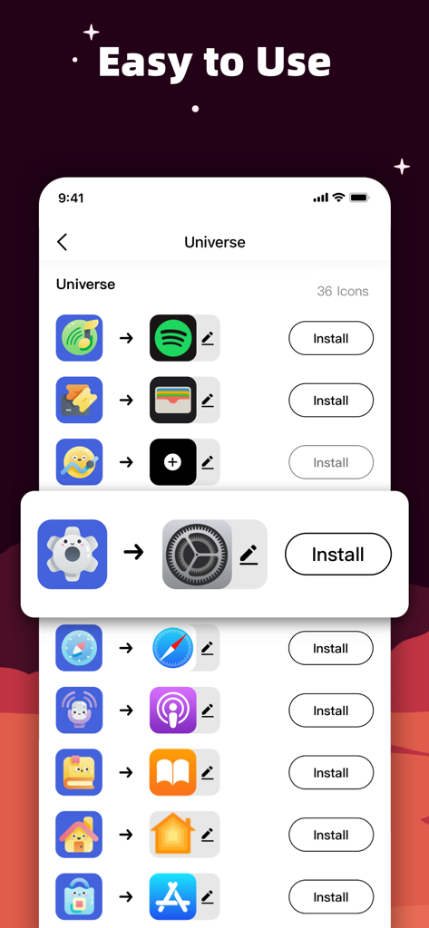 MyICON Changer – Icon Themer - Interface of MyICON app showing easy one-tap installation of custom icons for various apps