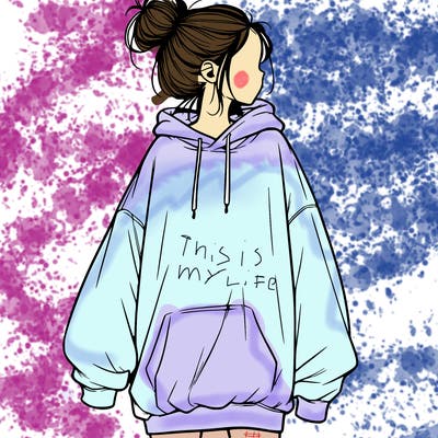 realistic girl with a oversized sweatshirt on and a bun