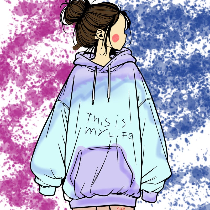 realistic girl with a oversized sweatshirt on and a bun