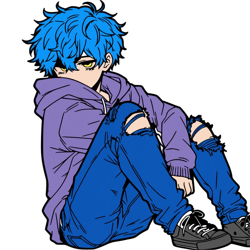 a male hoddie ripped jeans messy hair anime