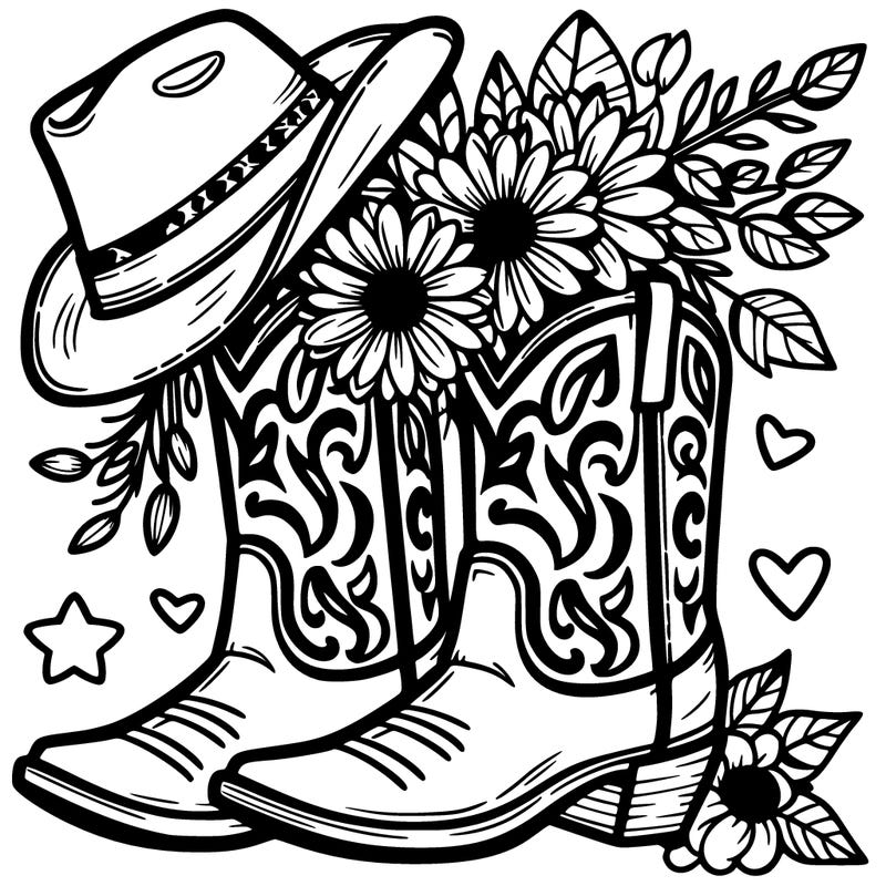 cowboy boots with cowboy hat and flowers