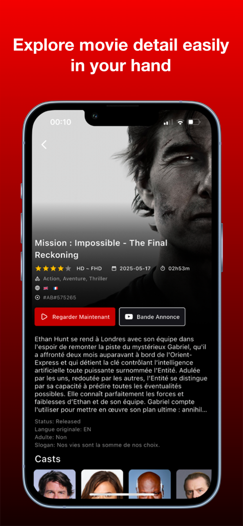 Interfaz de la aplicación AB Vue que muestra detalles de la película, reparto y sinopsis de Misión Imposible.