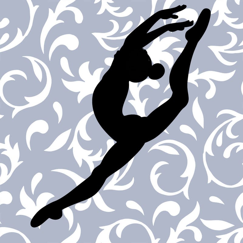 gymnast doing a leap in a leotard with a bent back leg