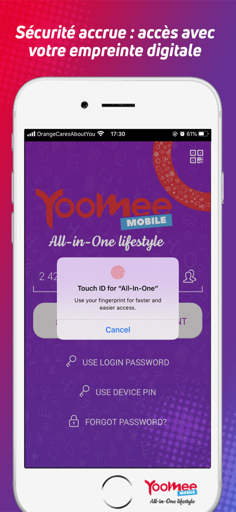 YooMee Mobile All In One - YooMee Mobile app login screen showing a Touch ID fingerprint authentication prompt for secure access