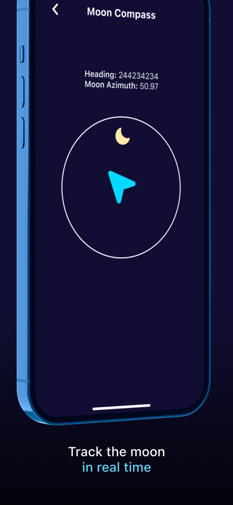 Moon Zoom Pro: Camera 100x - Interfaz de la función Brújula Lunar en la aplicación Moon Zoom Pro que muestra el seguimiento lunar en tiempo real y los datos de acimut.