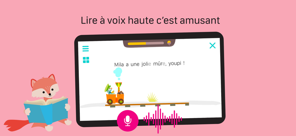 Corneille : reading in French - Interface of the Corneille app showing a child reading a French sentence with a voice recording feature