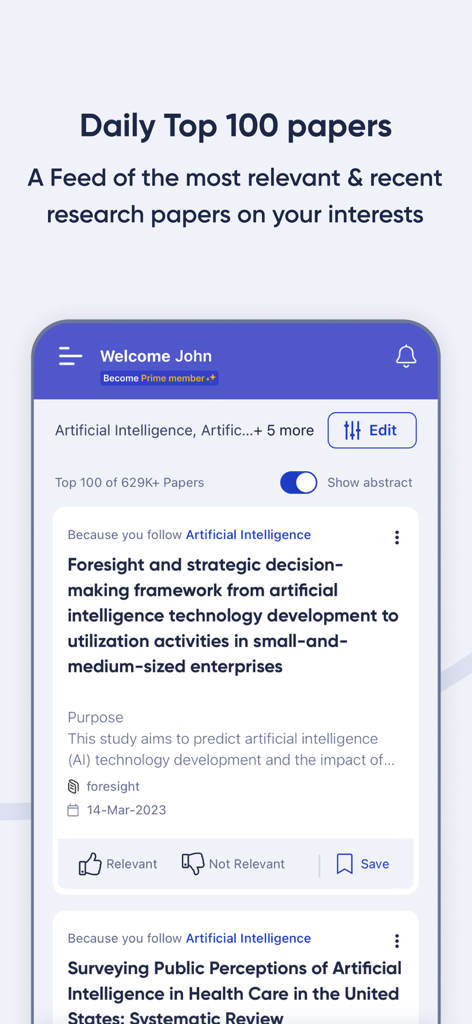 R Discovery: Academic Research - Mobile app interface showing a curated daily feed of top 100 research papers related to artificial intelligence