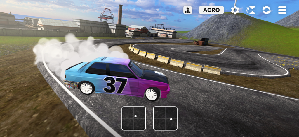 FeelFPV - Un coche azul y morado derrapando en una pista de carreras en el simulador FeelFPV con controles en pantalla