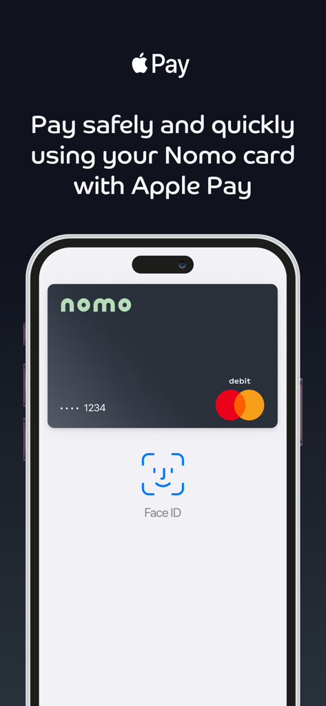 Nomo - Digital Sharia Banking - Smartphone screen showing Nomo digital bank card with Apple Pay and Face ID verification for secure payments.