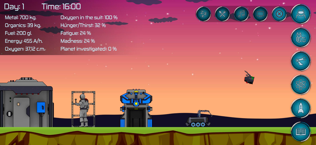 Random Space: Survival - Astronaut building a base and managing survival resources on an alien planet