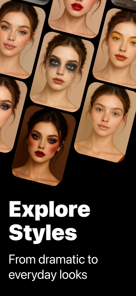 Makeup Removal AI - A collage of women with different virtual makeup styles from natural to dramatic.