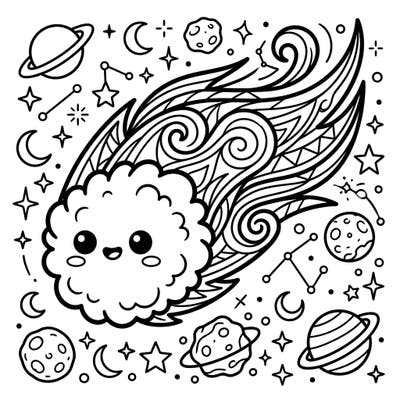 Journey through the stars with this delightful Kawaii Halley's Comet coloring page, bursting with adorable planets and twinkling stars. Perfect for a cosmic coloring adventure that brings joy and creativity.