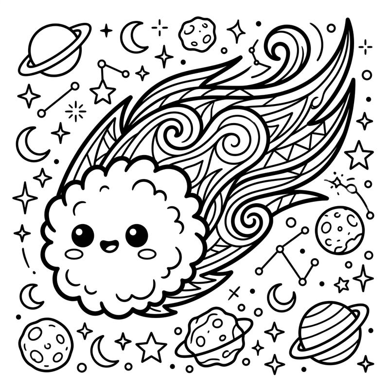 Journey through the stars with this delightful Kawaii Halley's Comet coloring page, bursting with adorable planets and twinkling stars. Perfect for a cosmic coloring adventure that brings joy and creativity.