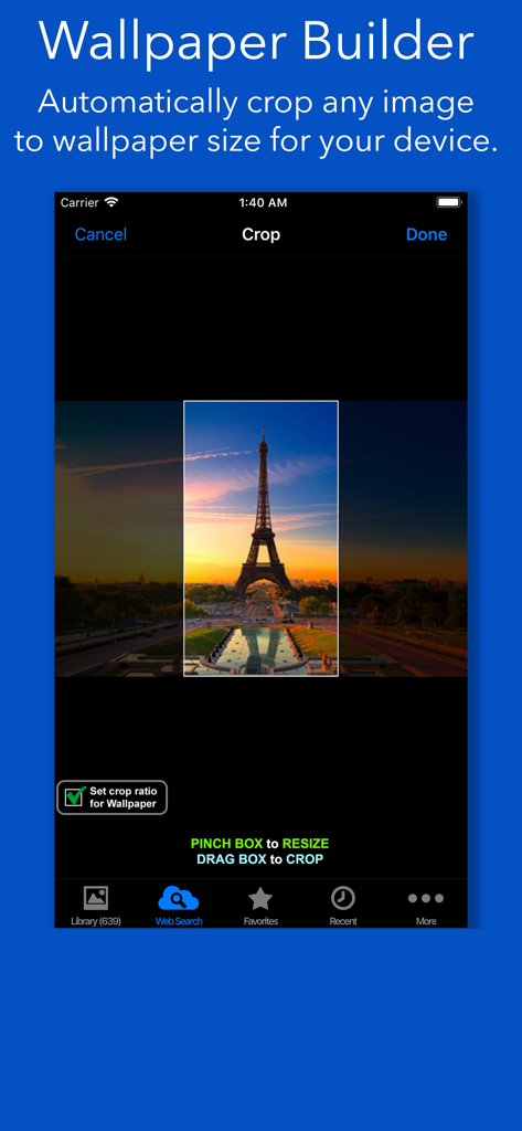 CLIPish Pro - Animations Emoji - CLIPish Pro app interface showing the wallpaper builder tool cropping a sunset photo of the Eiffel Tower.
