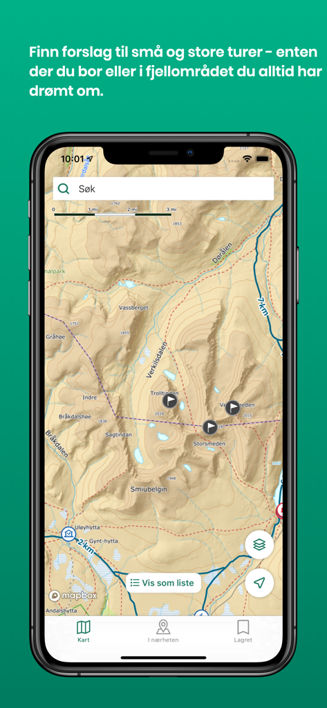 A detailed topographical hiking map displayed on the UT.no mobile app screen
