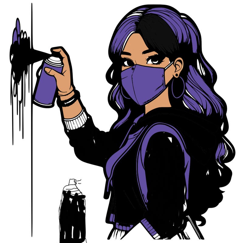 realistic girl with mask spray painting a wall