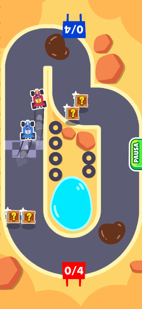 Vista cenital de dos coches compitiendo en una pista en un juego multijugador local para 2 jugadores.